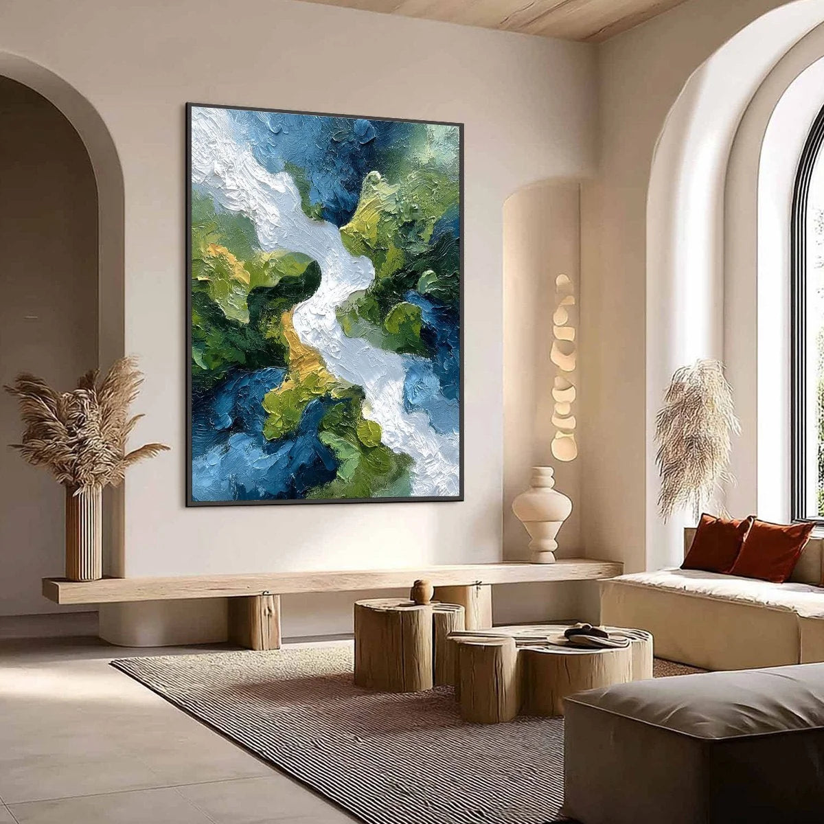 RIVERINE RUSH: Textured Abstract Landscape Painting of a River Valley | Abstract mood, soft natural light studio shot
