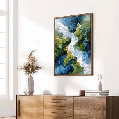 RIVERINE RUSH: Textured Abstract Landscape Painting of a River Valley | multi-color palette, original oil on stretched canvas art