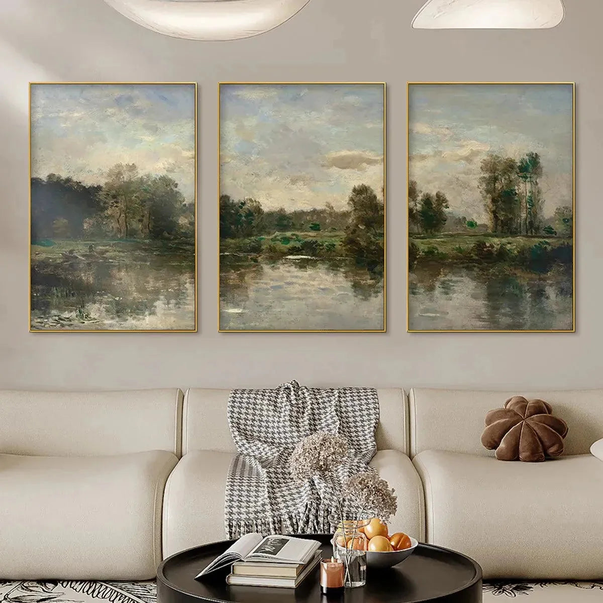 RIVERSIDE TRIPTYCH: Traditional Chinese Landscape Painting Set of 3 | Landscape closeup, raised brushwork detail