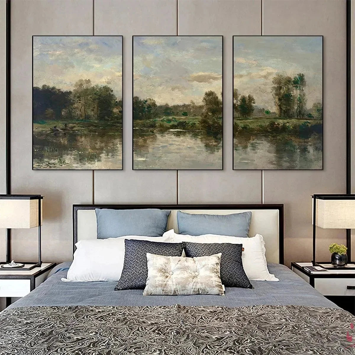 RIVERSIDE TRIPTYCH: Traditional Chinese Landscape Painting Set of 3 | rectangular format, hand-painted canvas edge