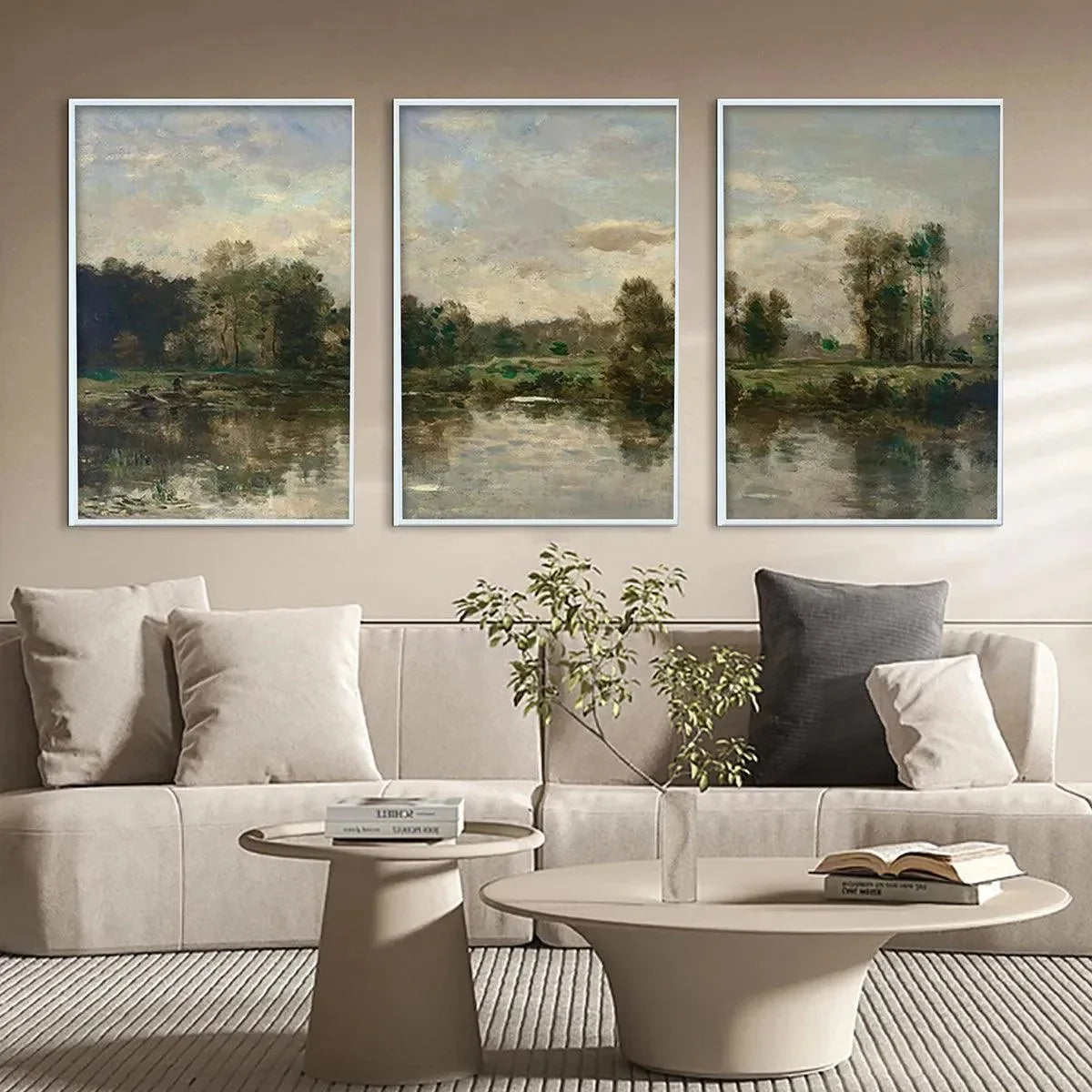 RIVERSIDE TRIPTYCH: Traditional Chinese Landscape Painting Set of 3 | rolled canvas, ready for custom framing
