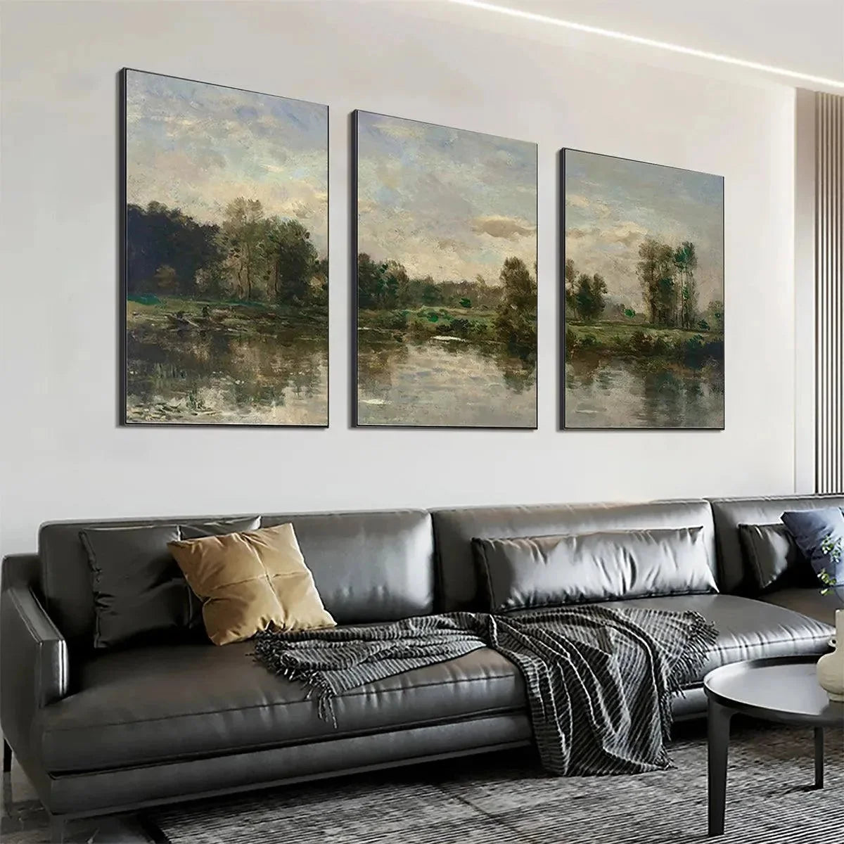 RIVERSIDE TRIPTYCH: Traditional Chinese Landscape Painting Set of 3 | Landscape mood, soft natural light studio shot