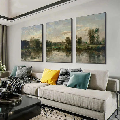 RIVERSIDE TRIPTYCH: Traditional Chinese Landscape Painting Set of 3 | multi-color palette, original oil on stretched canvas art
