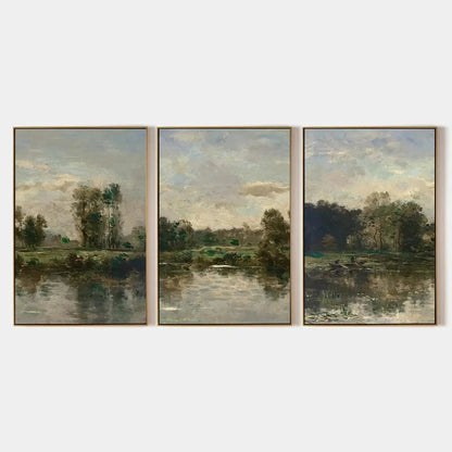 RIVERSIDE TRIPTYCH: Traditional Chinese Landscape Painting Set of 3 | hanging in living room, Landscape wall art