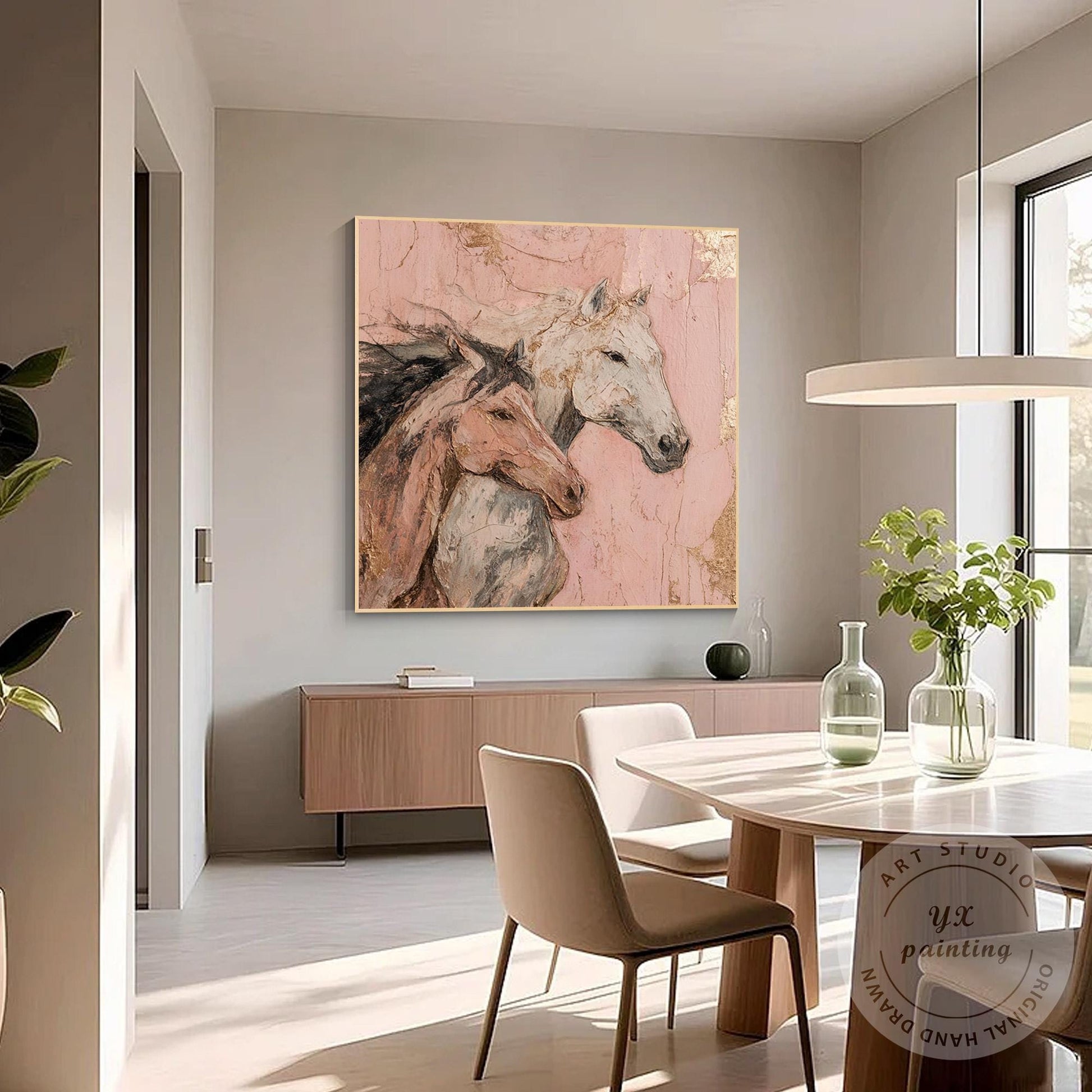 Romantic Horse Wall Art, Textured Pink Equestrian Painting with Gold Leaf, Moder #2