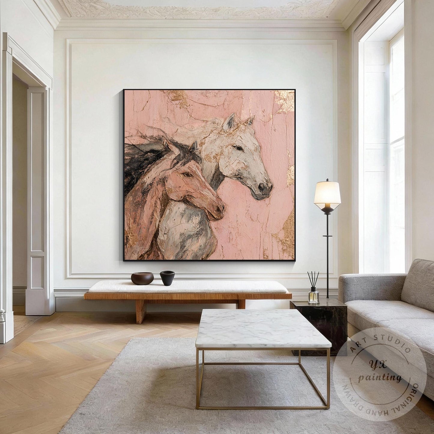 Romantic Horse Wall Art, Textured Pink Equestrian Painting with Gold Leaf, Moder #3