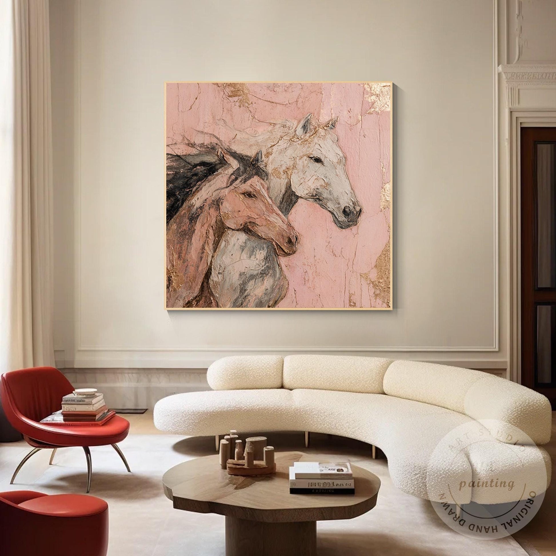 Romantic Horse Wall Art, Textured Pink Equestrian Painting with Gold Leaf, Moder #4