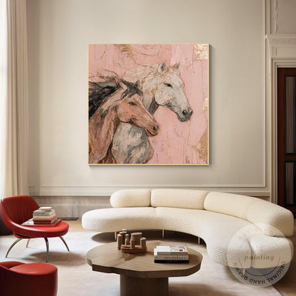 Romantic Horse Wall Art, Textured Pink Equestrian Painting with Gold Leaf, Moder #4