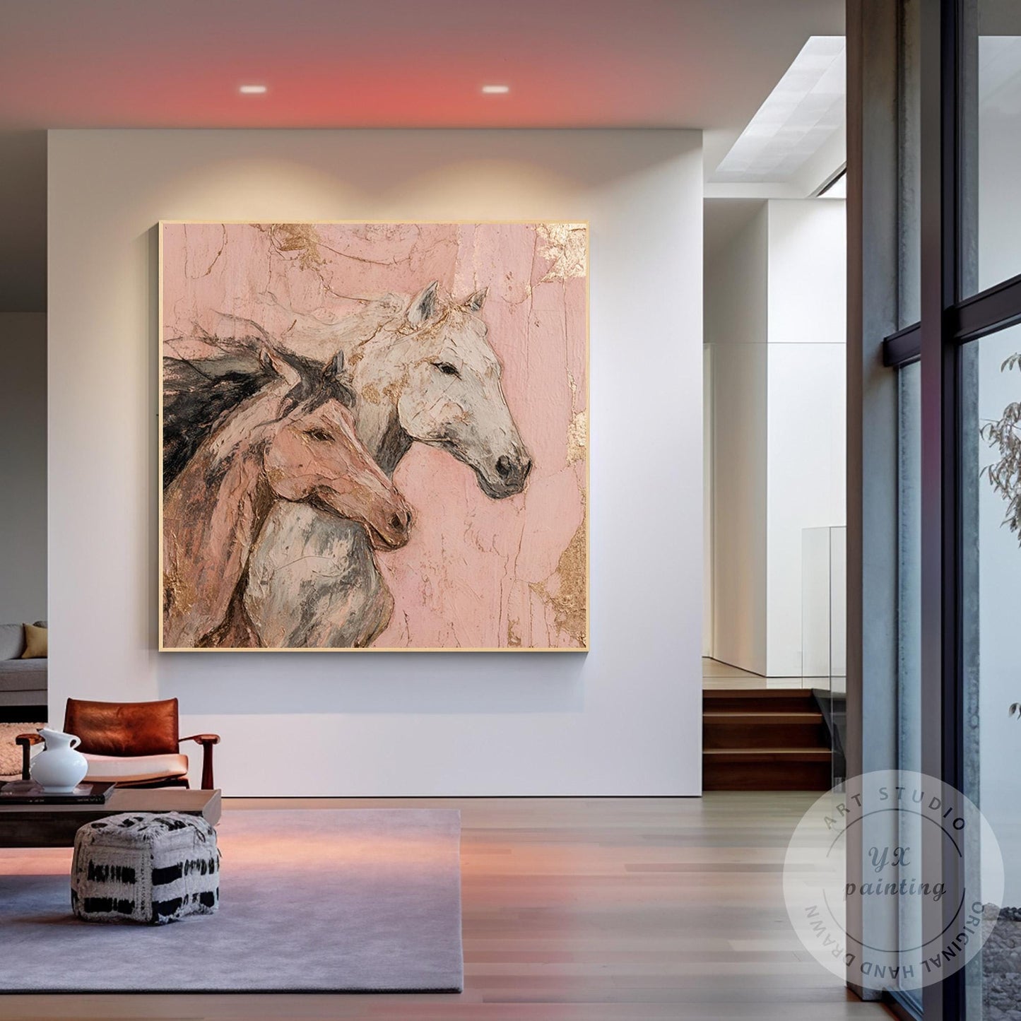 Romantic Horse Wall Art, Textured Pink Equestrian Painting with Gold Leaf, Moder #5