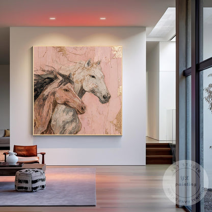Romantic Horse Wall Art, Textured Pink Equestrian Painting with Gold Leaf, Moder #5