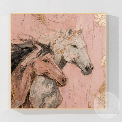 Romantic Horse Wall Art, Textured Pink Equestrian Painting with Gold Leaf, Moder #8
