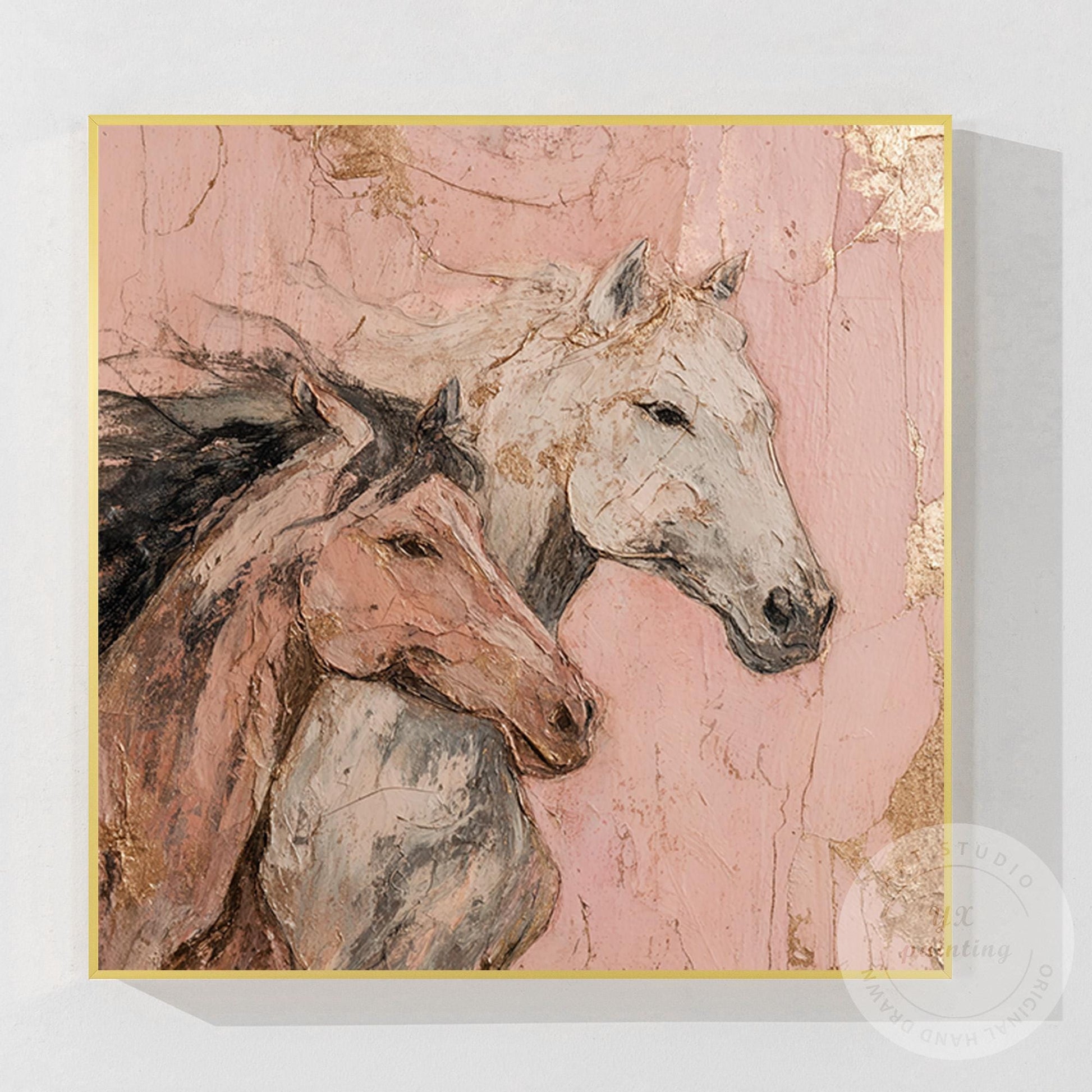 Romantic Horse Wall Art, Textured Pink Equestrian Painting with Gold Leaf, Moder #9