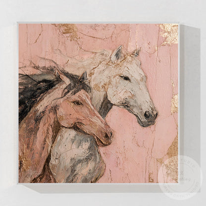 Romantic Horse Wall Art, Textured Pink Equestrian Painting with Gold Leaf, Moder #10