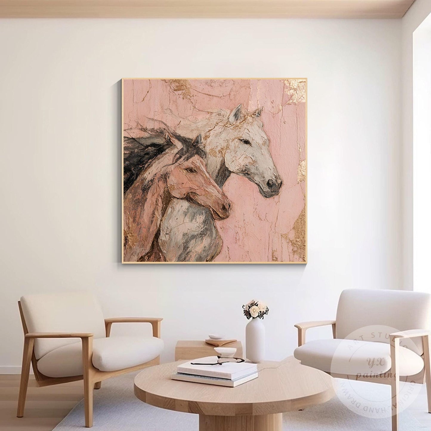 Romantic Horse Wall Art, Textured Pink Equestrian Painting with Gold Leaf, Moder #1