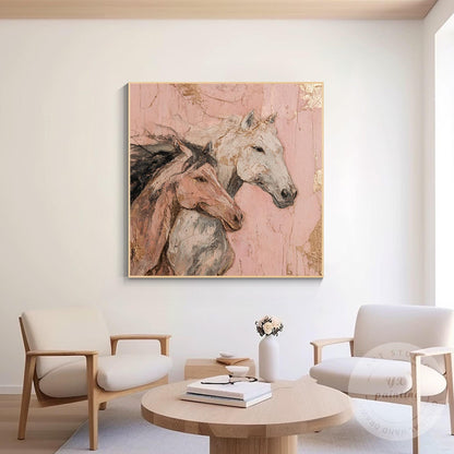 Romantic Horse Wall Art, Textured Pink Equestrian Painting with Gold Leaf, Moder #1