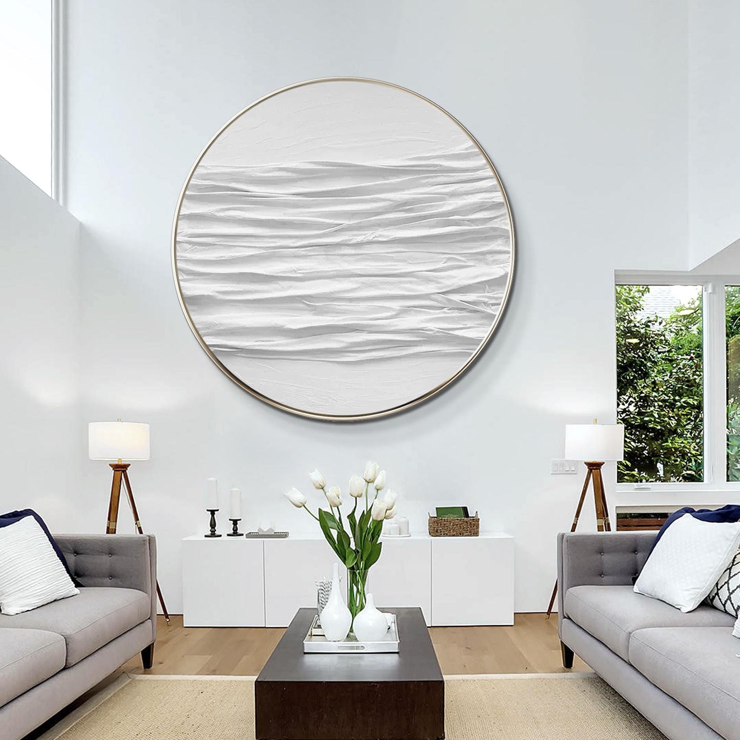 Ronde 3D-muurkunst met witte textuur: schilderij abstracte oceaangolven #12