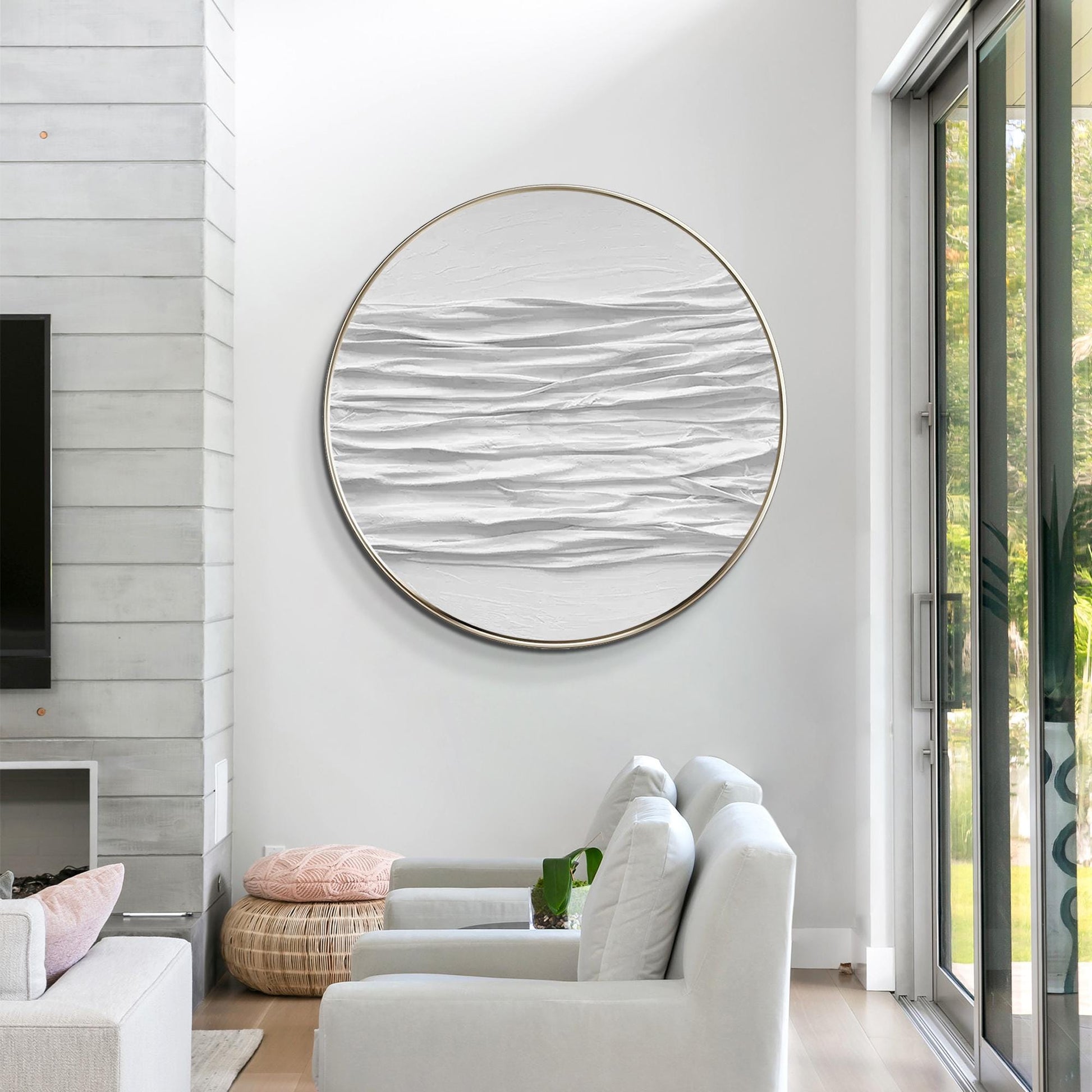 Ronde 3D-muurkunst met witte textuur: schilderij abstracte oceaangolven #14