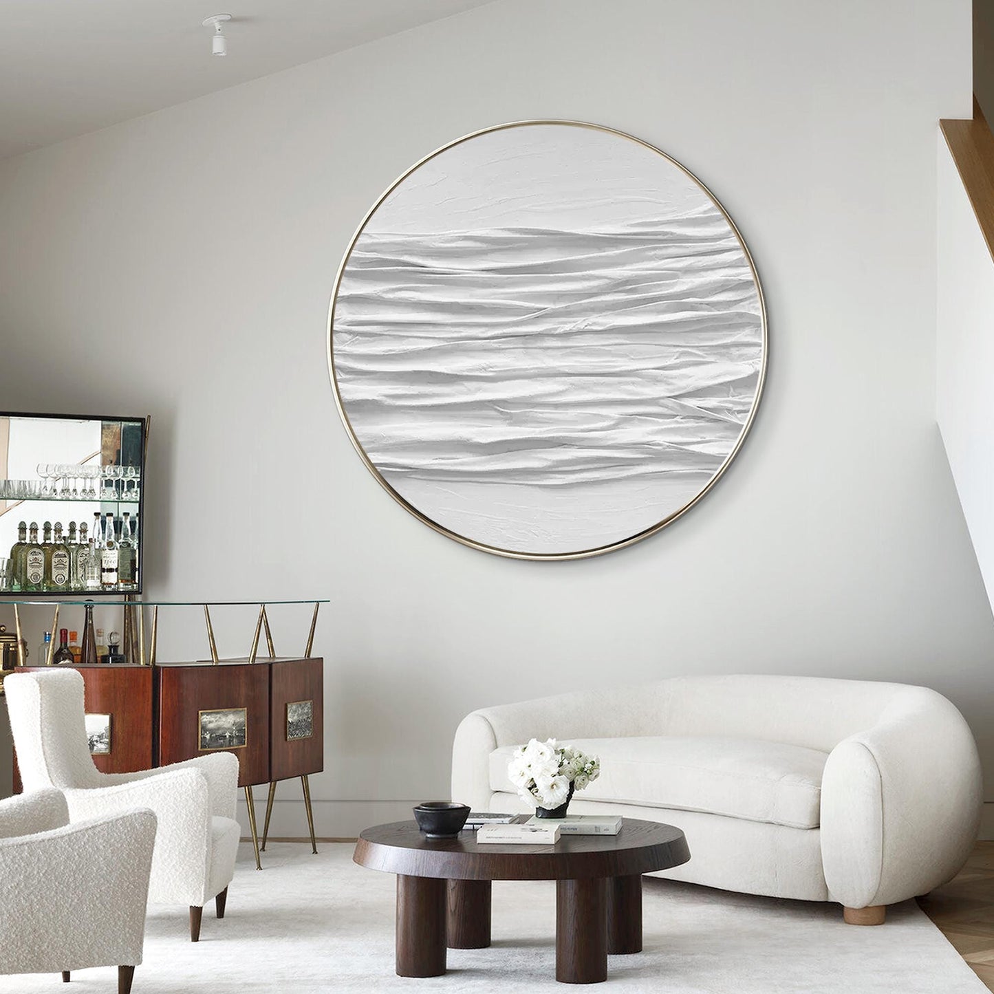 Ronde 3D-muurkunst met witte textuur: schilderij abstracte oceaangolven #5