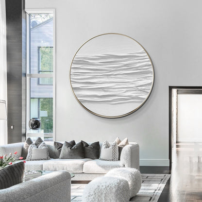 Ronde 3D-muurkunst met witte textuur: schilderij abstracte oceaangolven #1