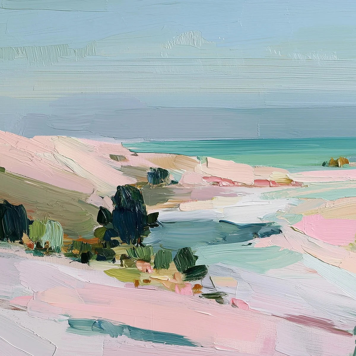 Roseate Shore Abstract Beach Painting | Textured Coastal Wall Art | rectangular format, hand-painted canvas edge