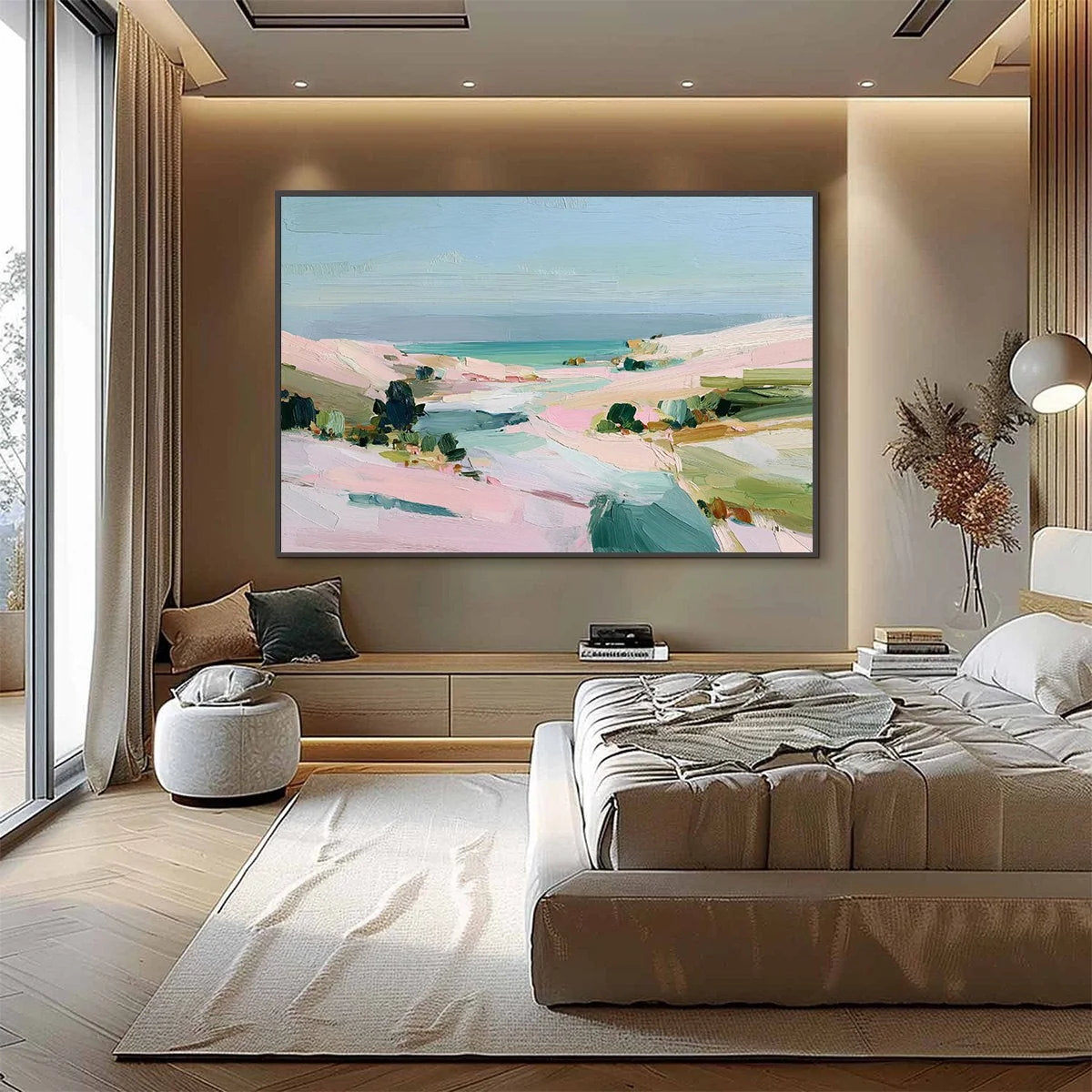 Roseate Shore Abstract Beach Painting | Textured Coastal Wall Art | gold frame stretched on neutral wall