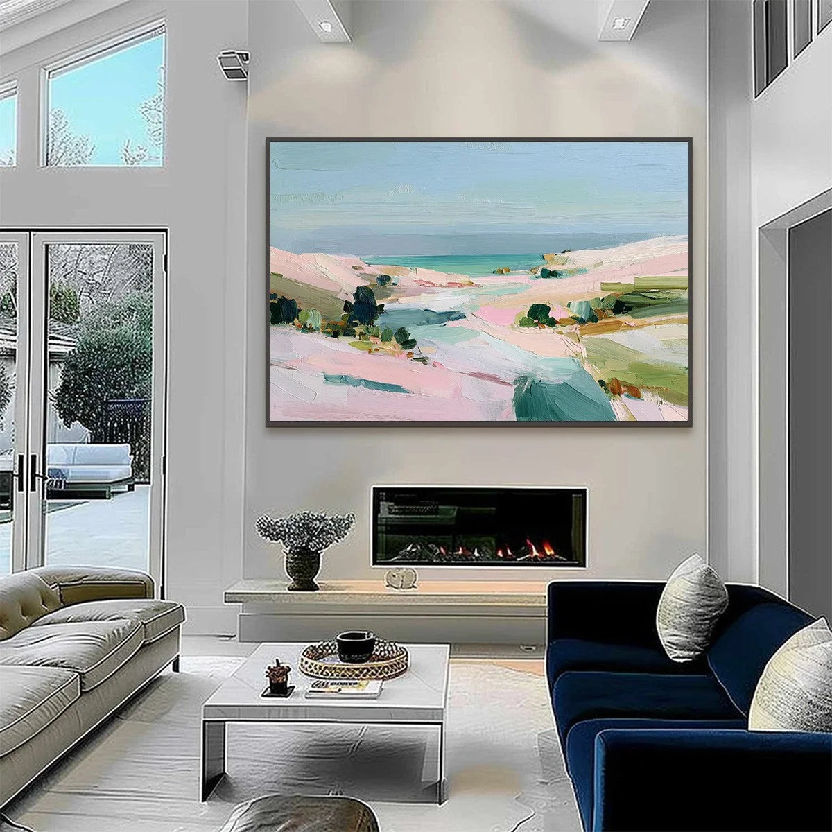 Roseate Shore Abstract Beach Painting | Textured Coastal Wall Art | black frame version on white wall