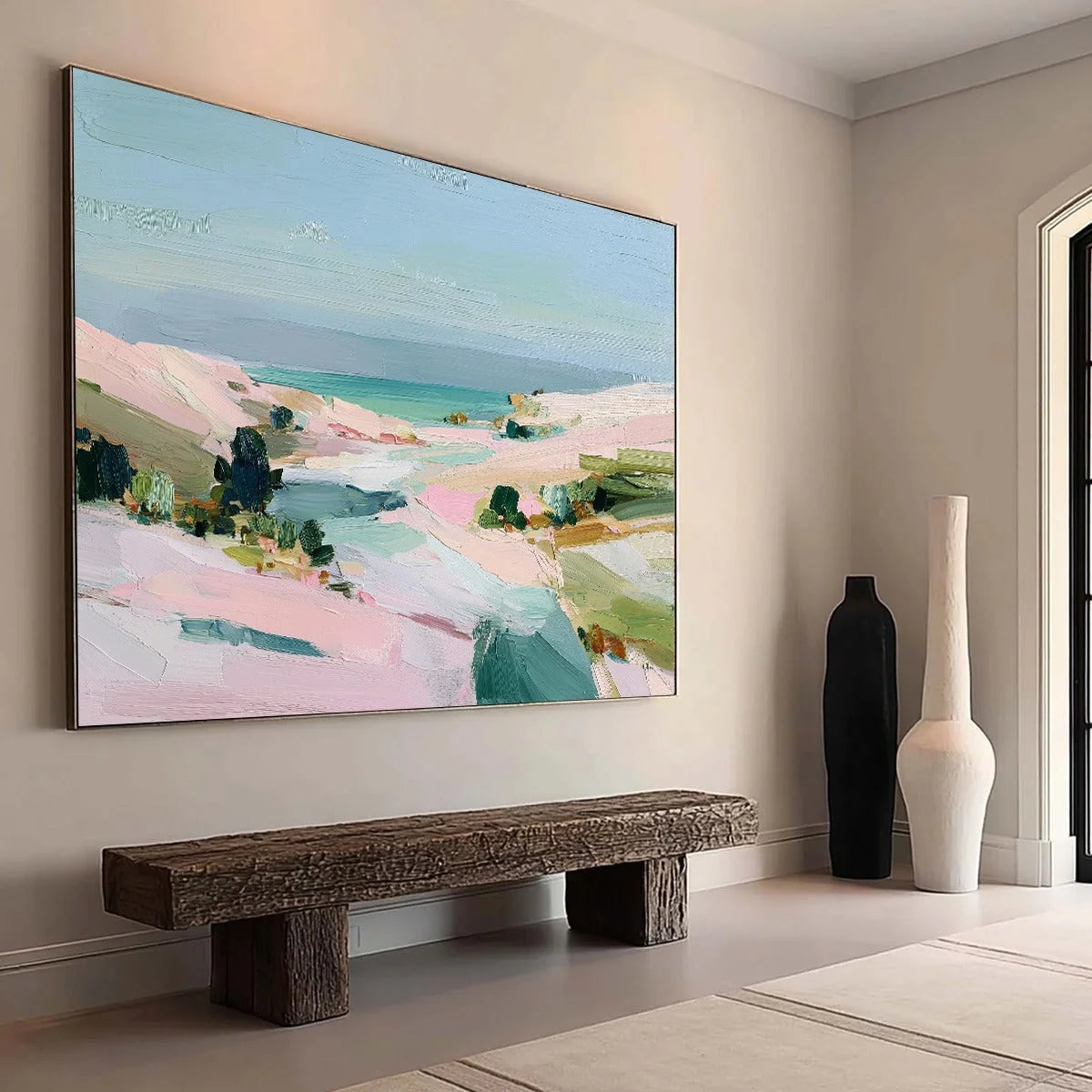Roseate Shore Abstract Beach Painting | Textured Coastal Wall Art | Abstract mood, soft natural light studio shot