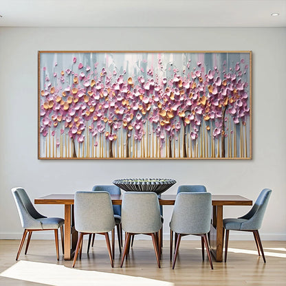 ROSEWOOD DAWN: Textured Floral Landscape Oil Painting in Pink | Landscape closeup, raised brushwork detail