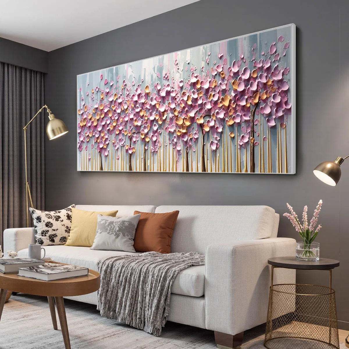 ROSEWOOD DAWN: Textured Floral Landscape Oil Painting in Pink | gold frame stretched on neutral wall