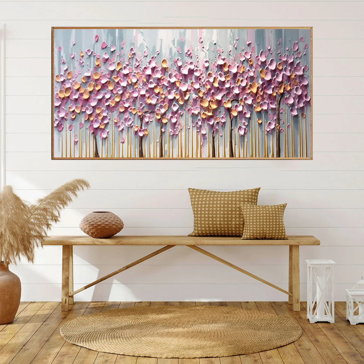 ROSEWOOD DAWN: Textured Floral Landscape Oil Painting in Pink | rolled canvas, ready for custom framing