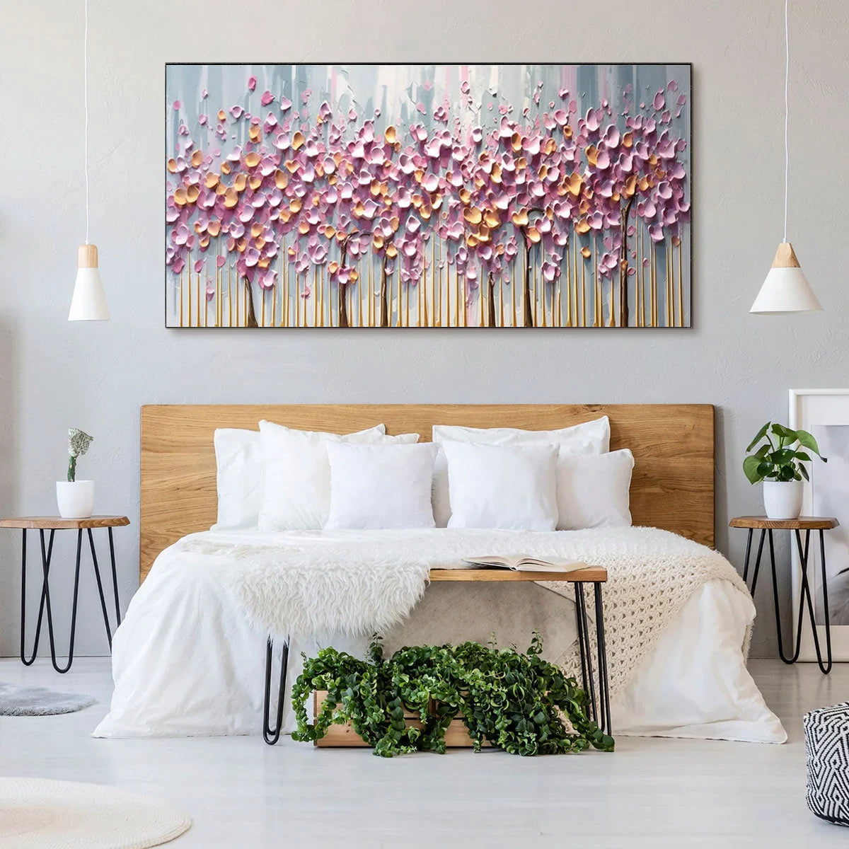 ROSEWOOD DAWN: Textured Floral Landscape Oil Painting in Pink | Landscape mood, soft natural light studio shot