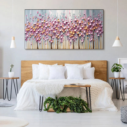 ROSEWOOD DAWN: Textured Floral Landscape Oil Painting in Pink | Landscape mood, soft natural light studio shot