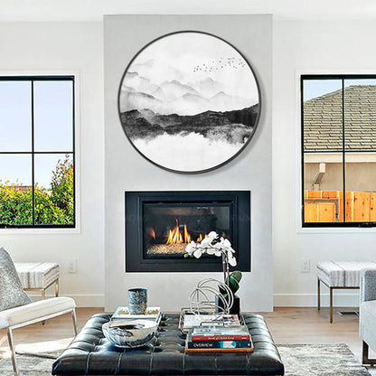 Round Mountain Landscape Art: Black White Acrylic Painting on Canvas #2