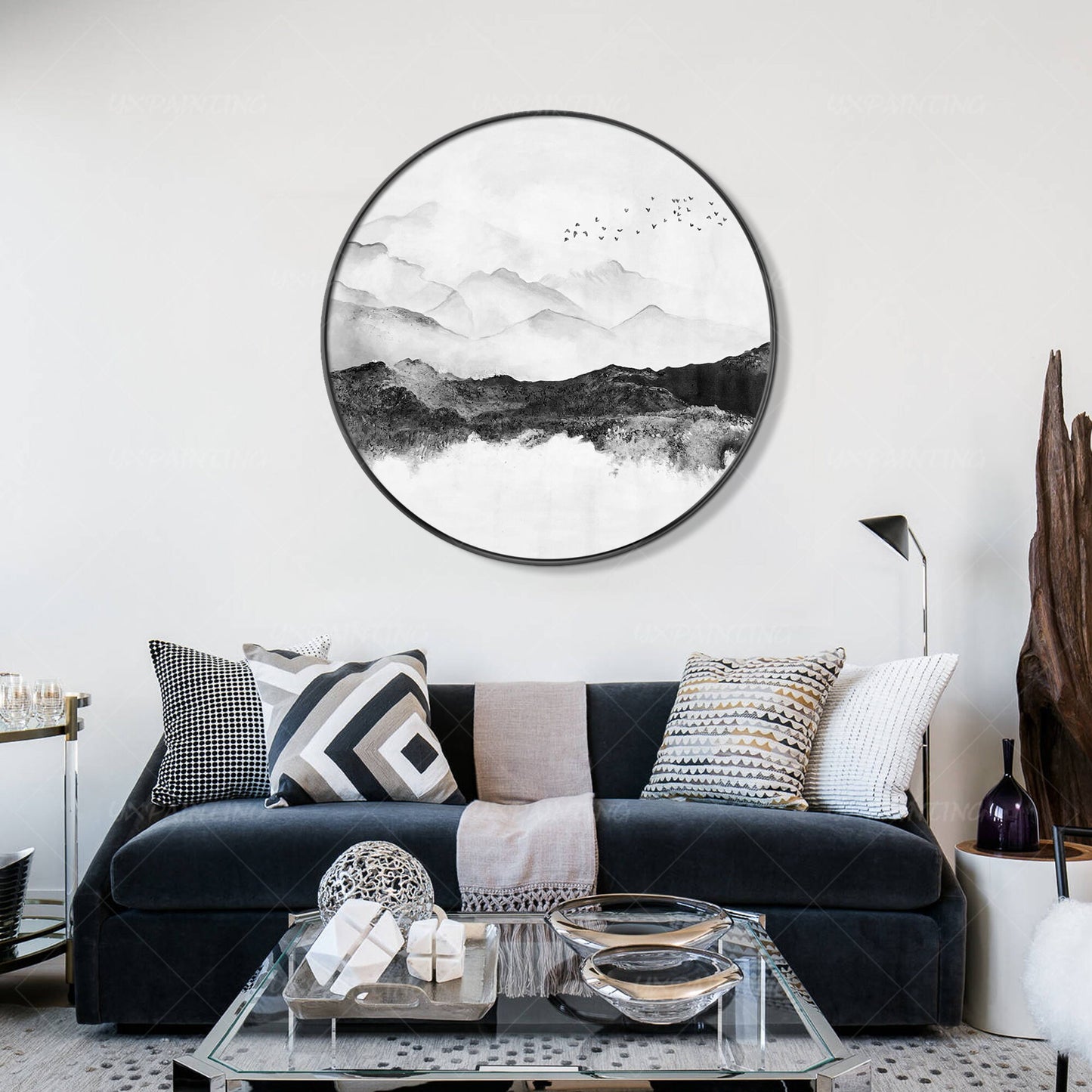 Round Mountain Landscape Art: Black White Acrylic Painting on Canvas #3
