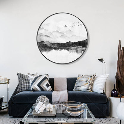 Round Mountain Landscape Art: Black White Acrylic Painting on Canvas #3