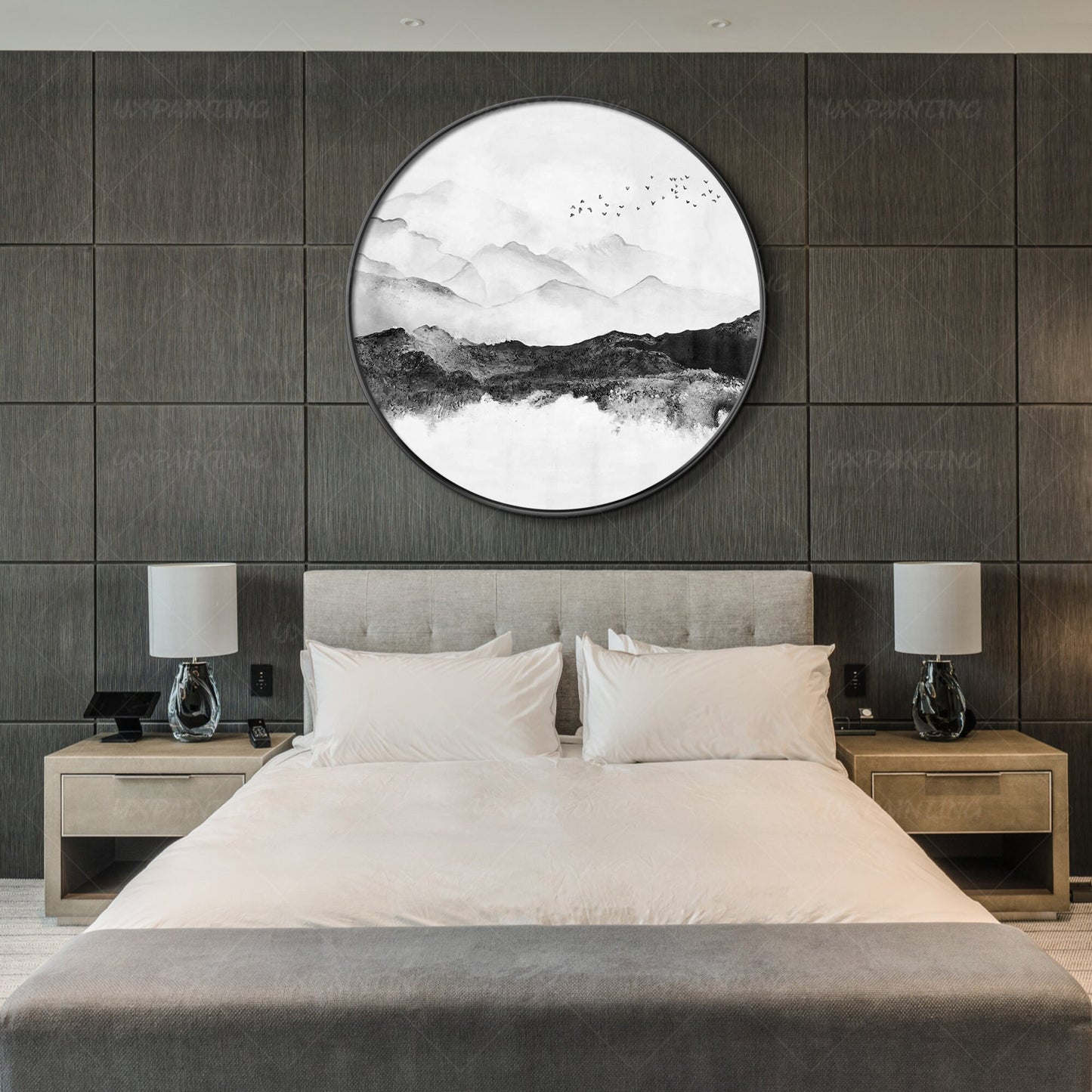 Round Mountain Landscape Art: Black White Acrylic Painting on Canvas #4