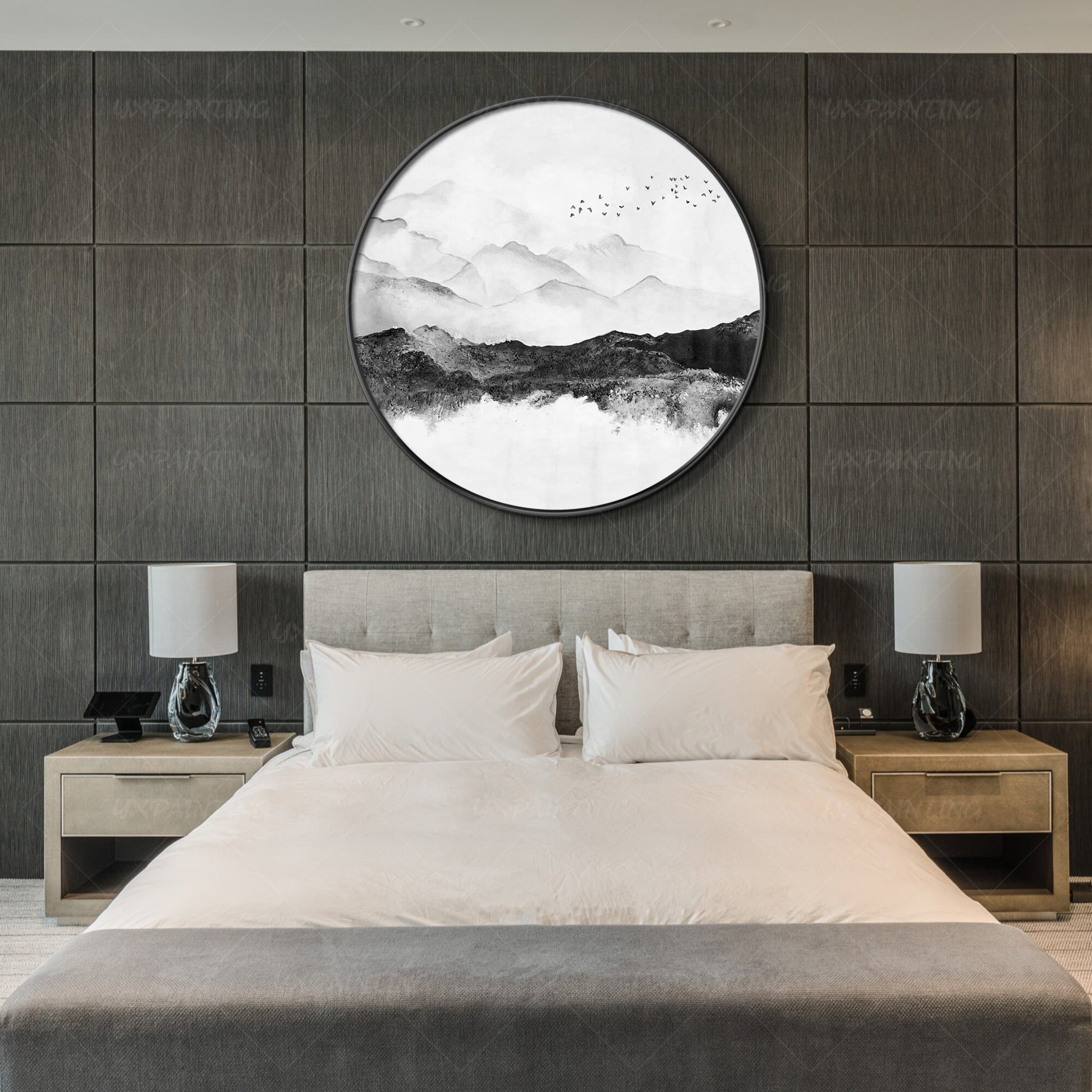 Round Mountain Landscape Art: Black White Acrylic Painting on Canvas #4