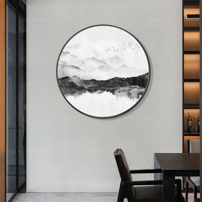Round Mountain Landscape Art: Black White Acrylic Painting on Canvas #5