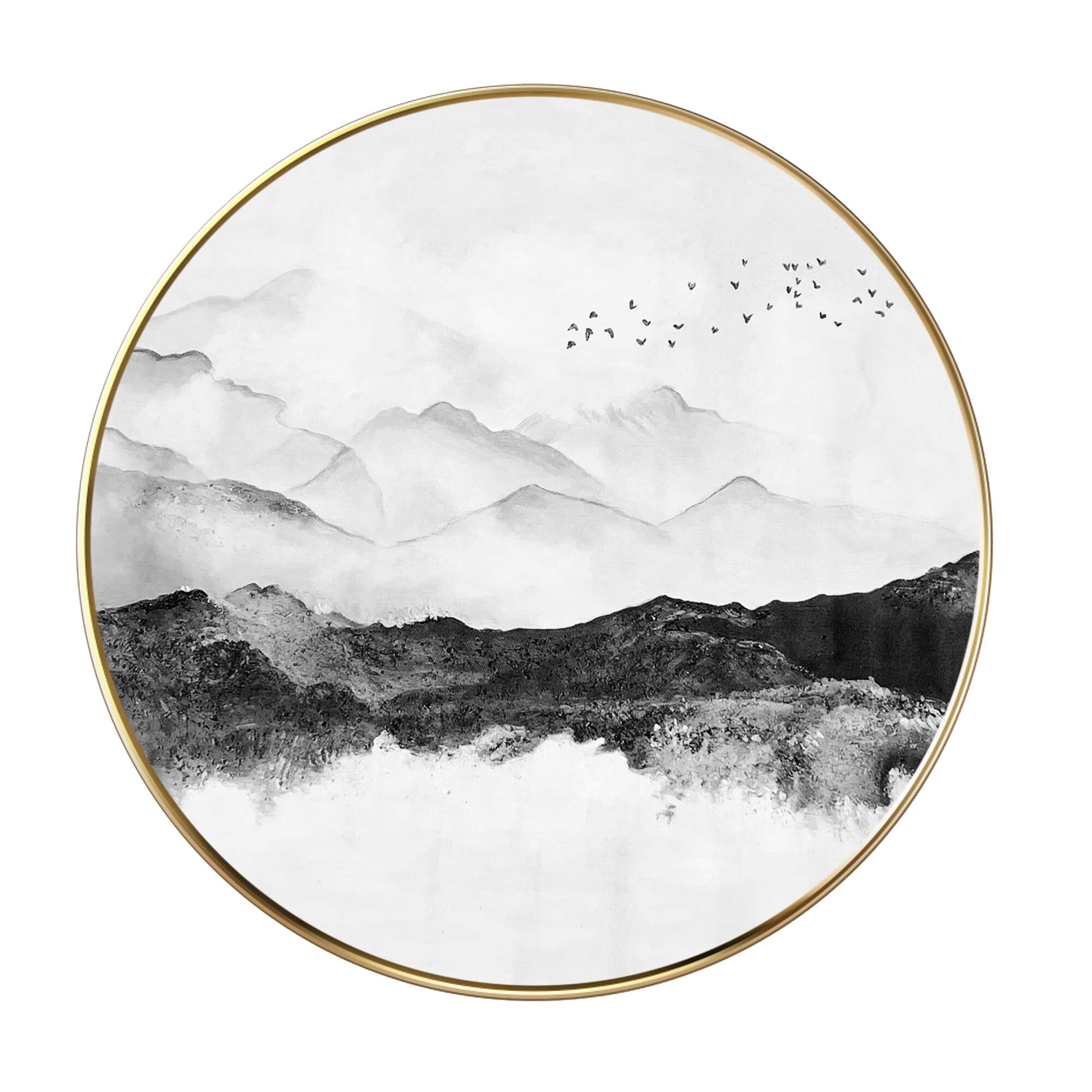 Round Mountain Landscape Art: Black White Acrylic Painting on Canvas #6