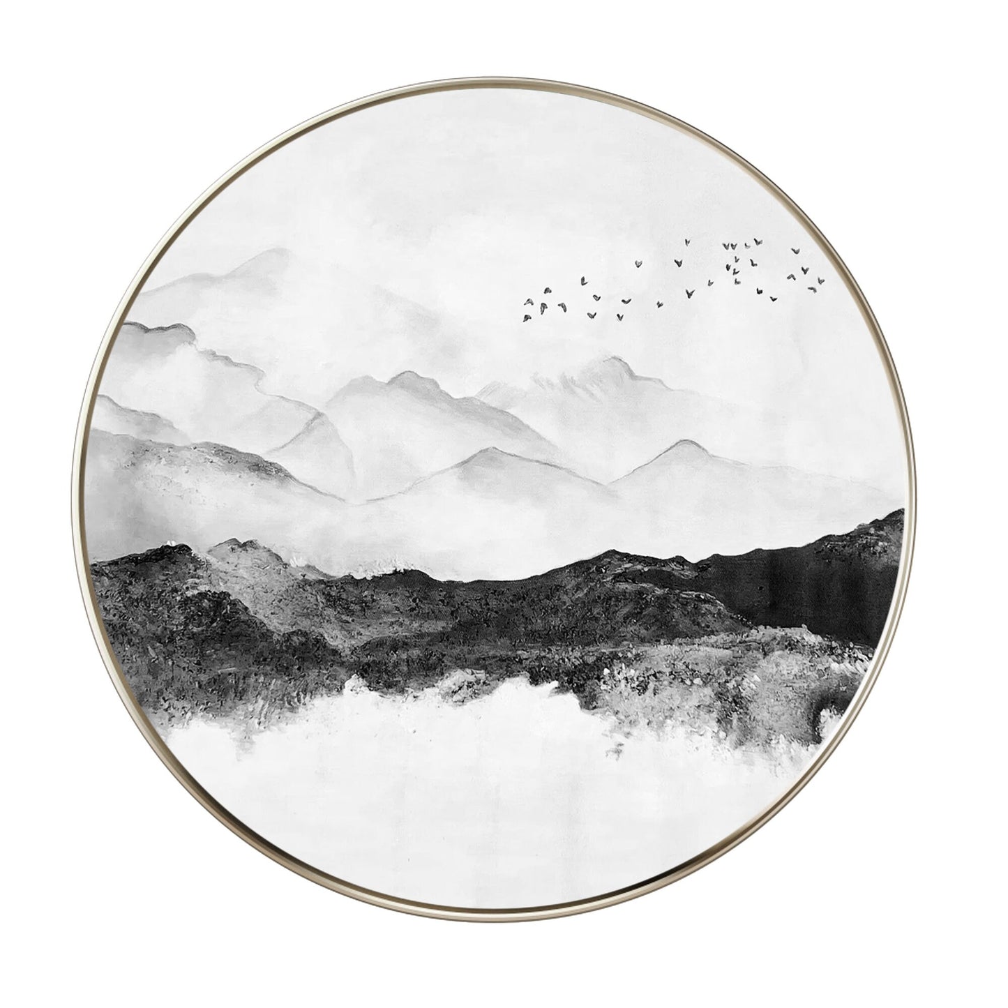 Round Mountain Landscape Art: Black White Acrylic Painting on Canvas #7