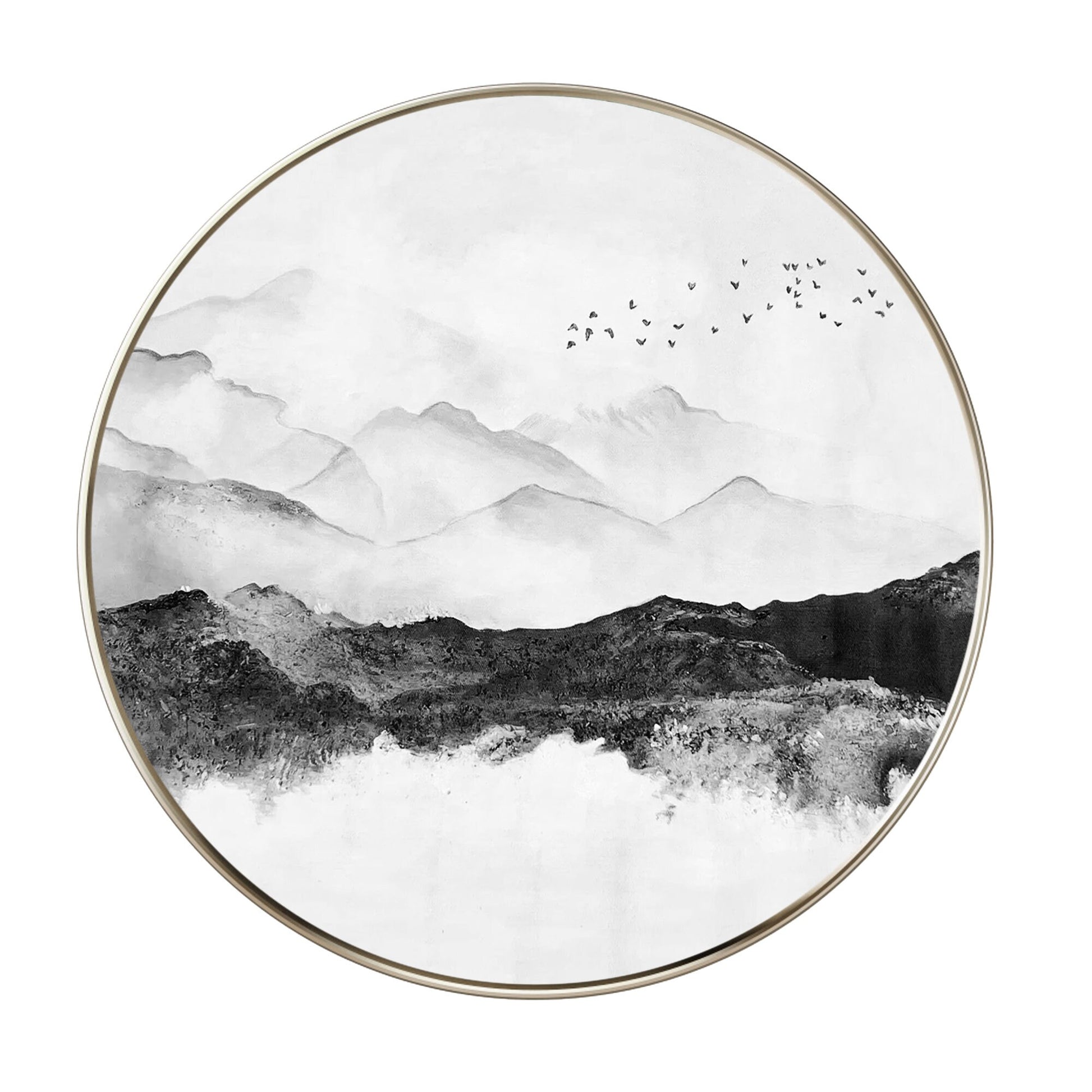Round Mountain Landscape Art: Black White Acrylic Painting on Canvas #7
