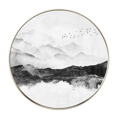 Round Mountain Landscape Art: Black White Acrylic Painting on Canvas #7