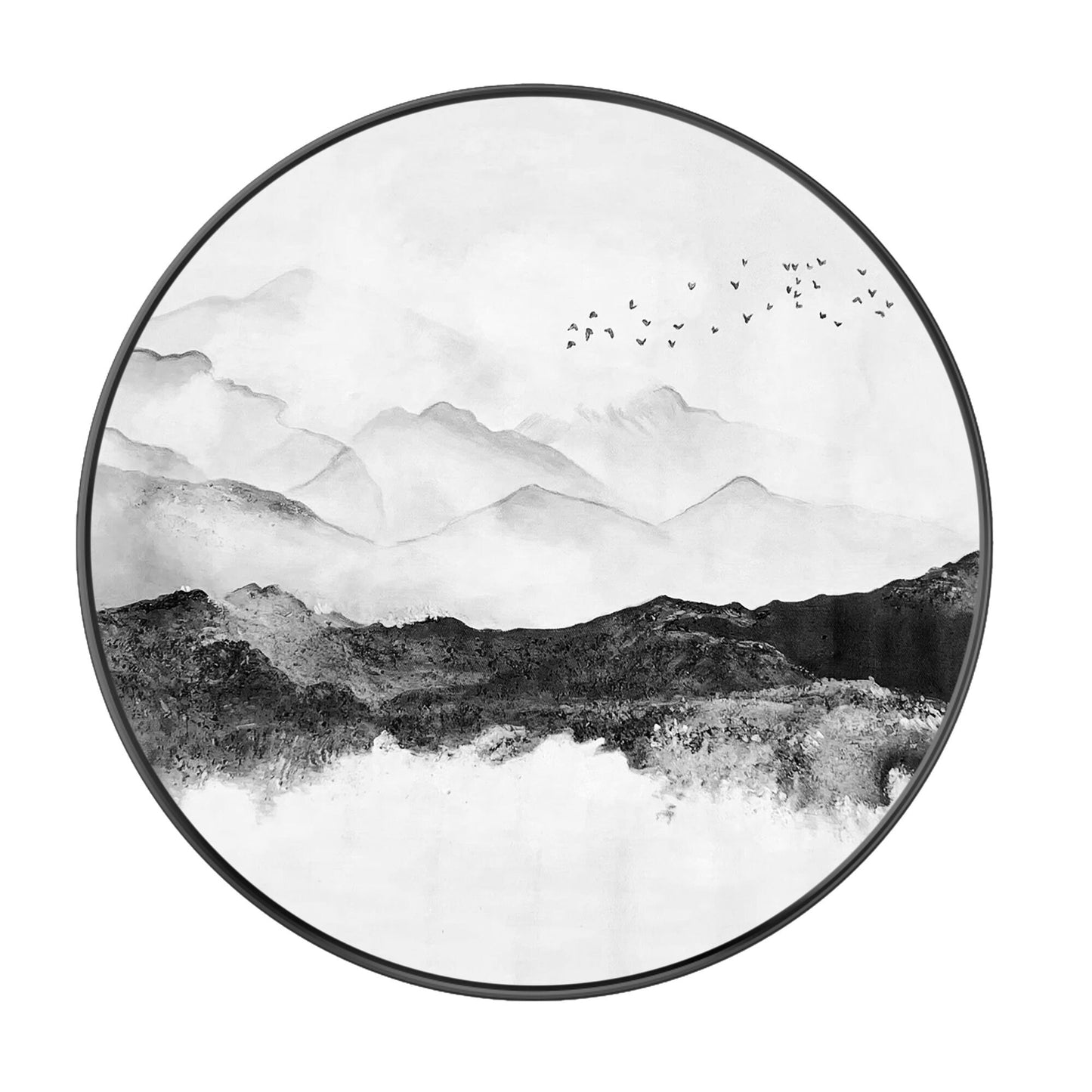 Round Mountain Landscape Art: Black White Acrylic Painting on Canvas #8