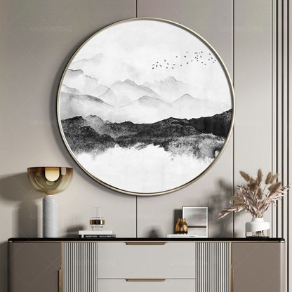 Round Mountain Landscape Art: Black White Acrylic Painting on Canvas #1