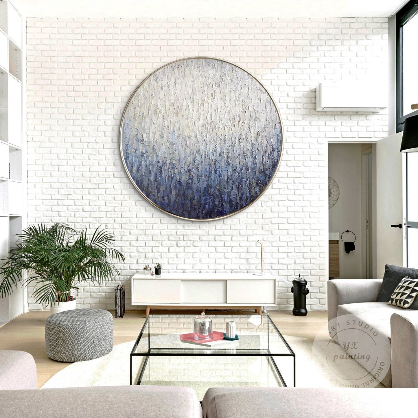 Round Navy Blue Texture Wall Art: Framed Minimalist Painting #2