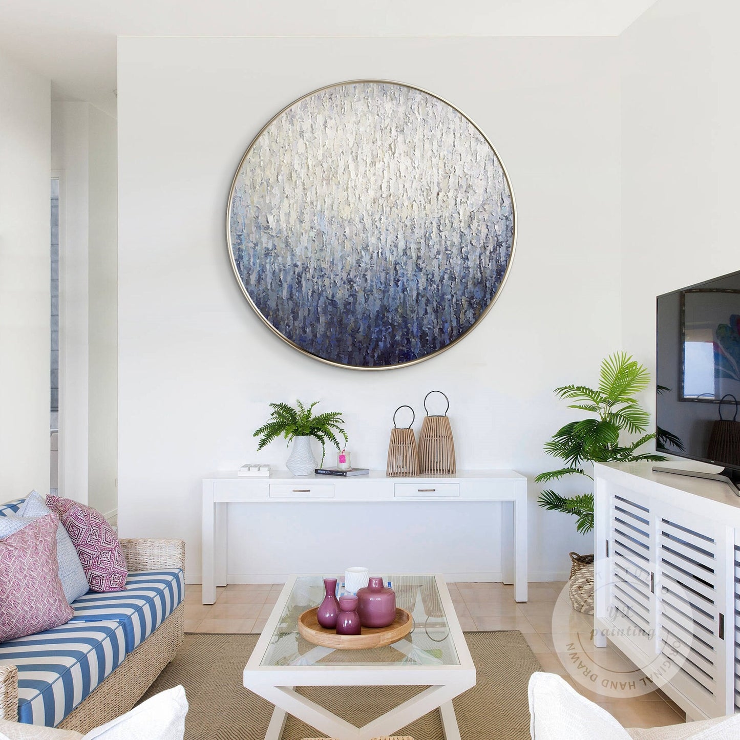Round Navy Blue Texture Wall Art: Framed Minimalist Painting #1