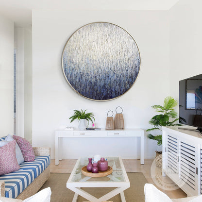 Round Navy Blue Texture Wall Art: Framed Minimalist Painting #1