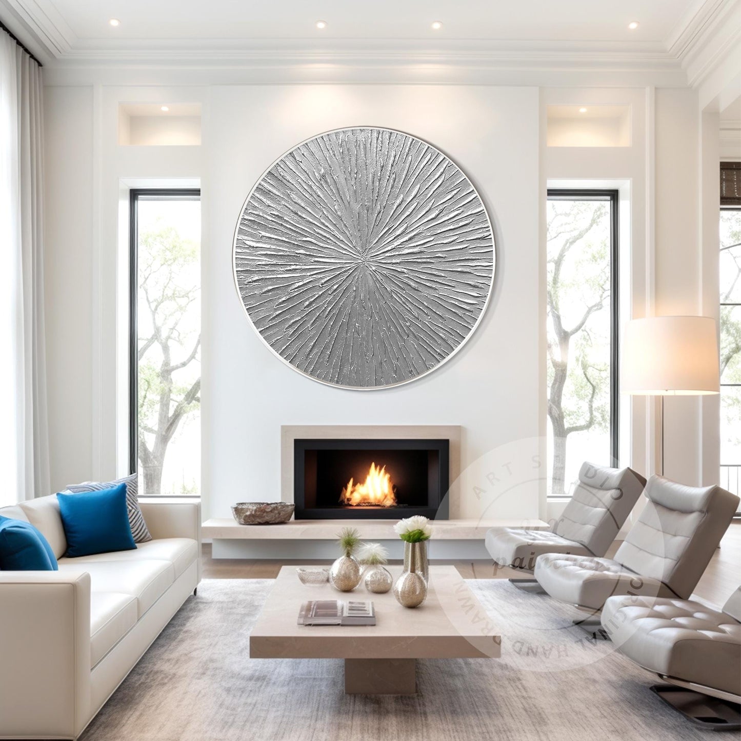 Round Silver Leaf 3D Textured Wall Art: Framed Nordic Painting #2
