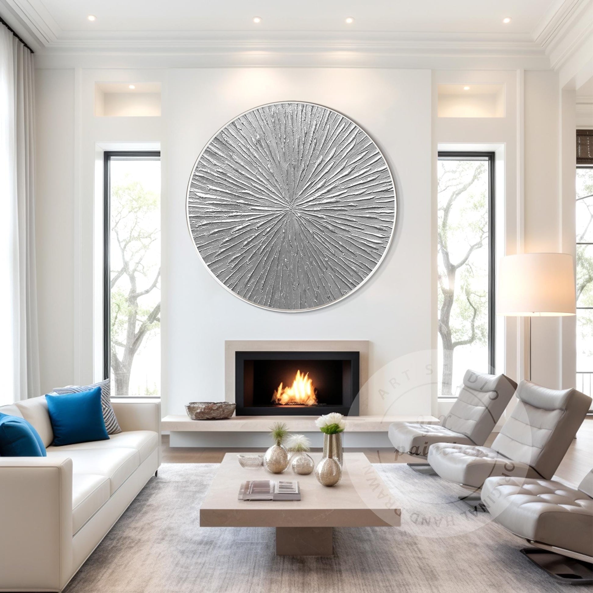 Round Silver Leaf 3D Textured Wall Art: Framed Nordic Painting #2