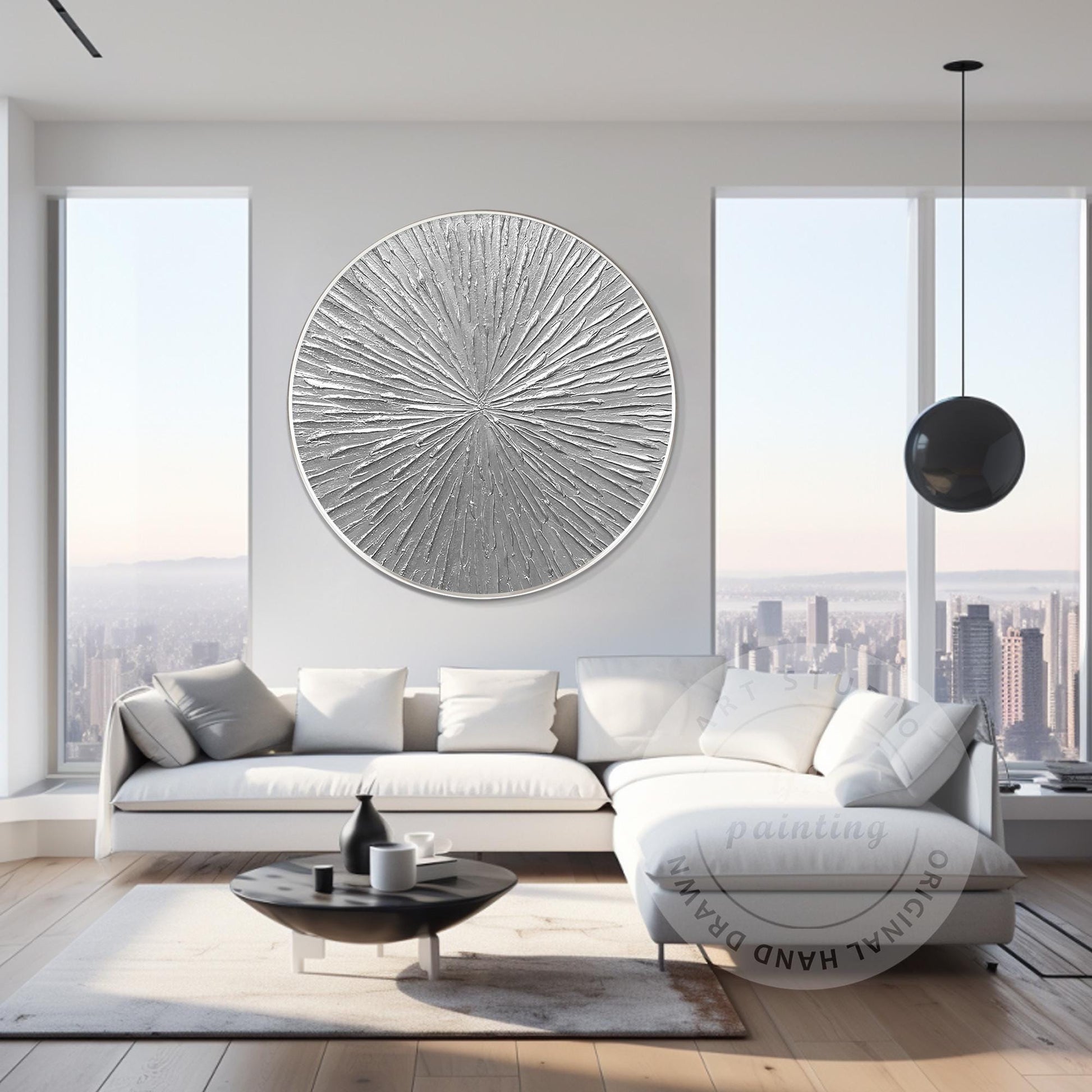 Round Silver Leaf 3D Textured Wall Art: Framed Nordic Painting #3